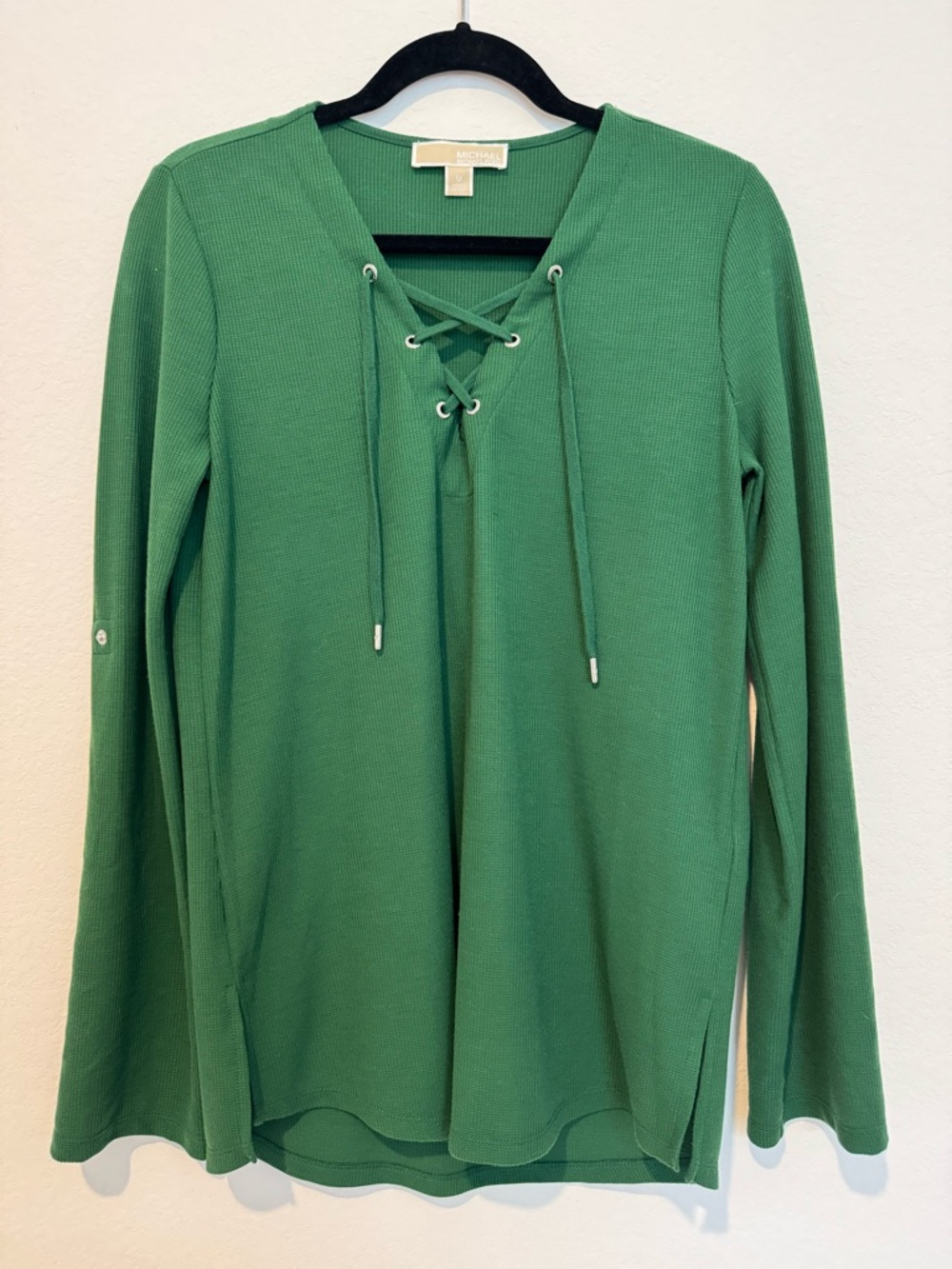 Michael Michael Kors Green Tie Up V Neck Roll Tab Blouse Top